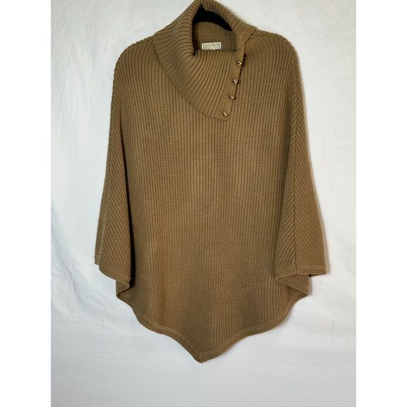 Michael Kors Womens Soft Warm Shaker Stitch Turtleneck Poncho Gold Tone Buttons - Picture 1 of 3